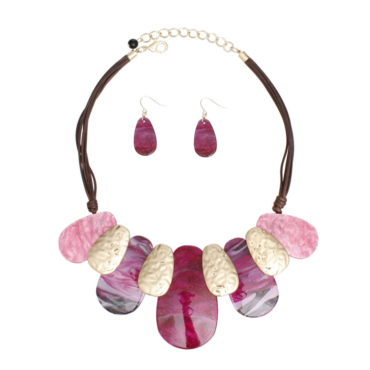 Bib Fuchsia Shades Teardrop Brown Cord Necklace