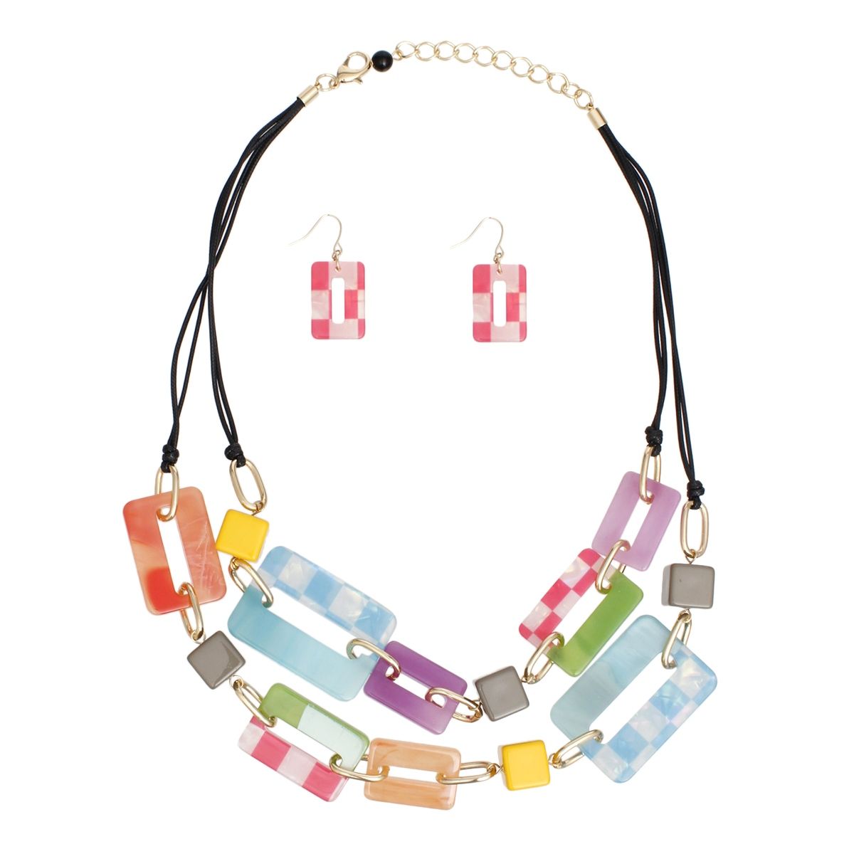 Collar Checkered Rectangle Link Layer Necklace