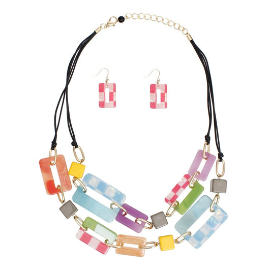 Collar Checkered Rectangle Link Layer Necklace