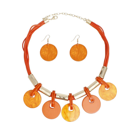 Collar Marbled Orange Disc Leather Cord Necklace