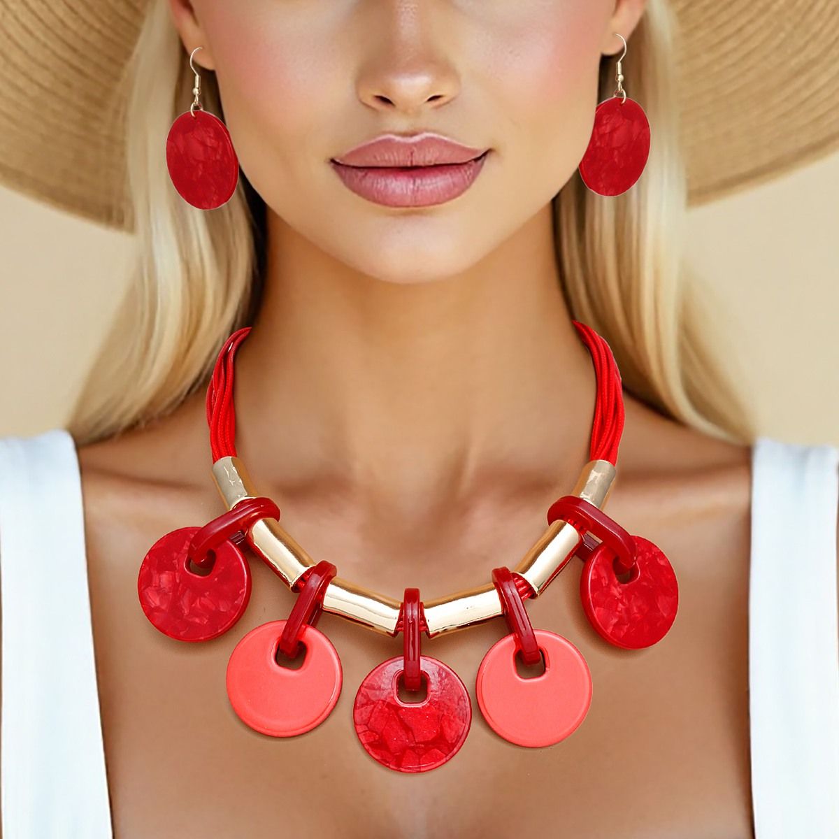 Collar Marbled Red Disc Leather Cord Necklace