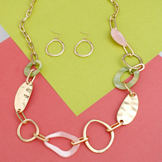 AKA Long Gold Pink and Green Link Chain Necklace
