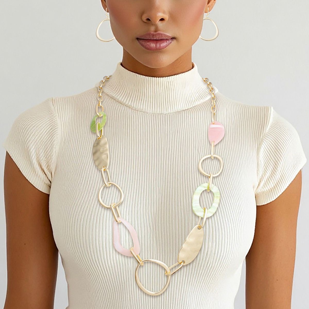 AKA Long Gold Pink and Green Link Chain Necklace