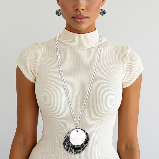 Long Leopard Pendant Silver Chain Necklace Set