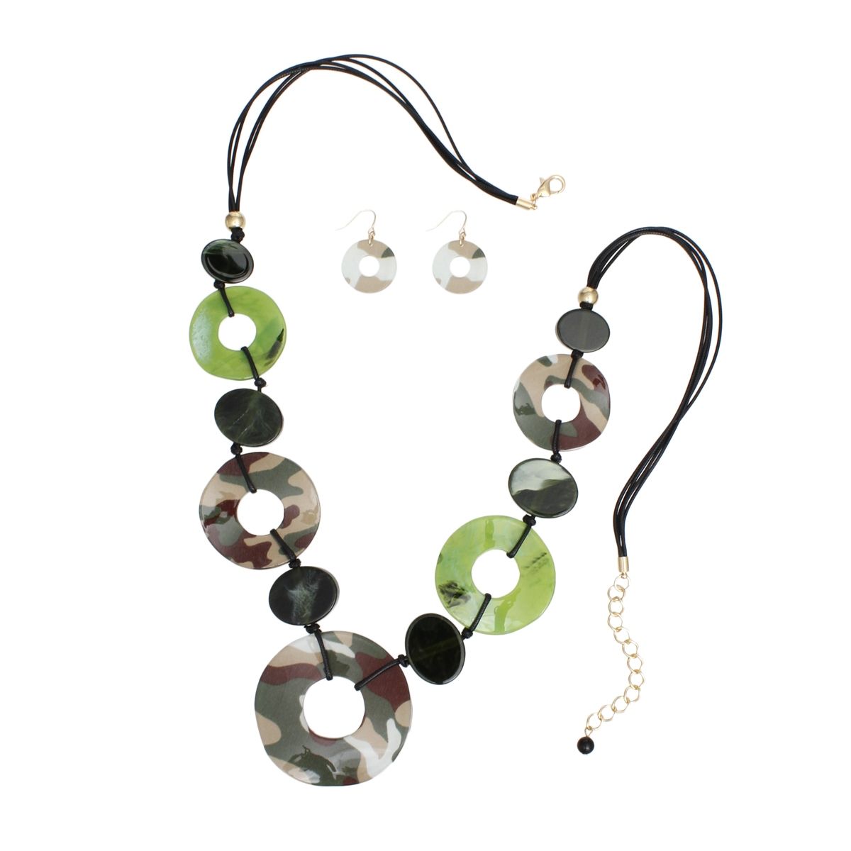 Long Linked Camouflage Rings Black Cord Necklace