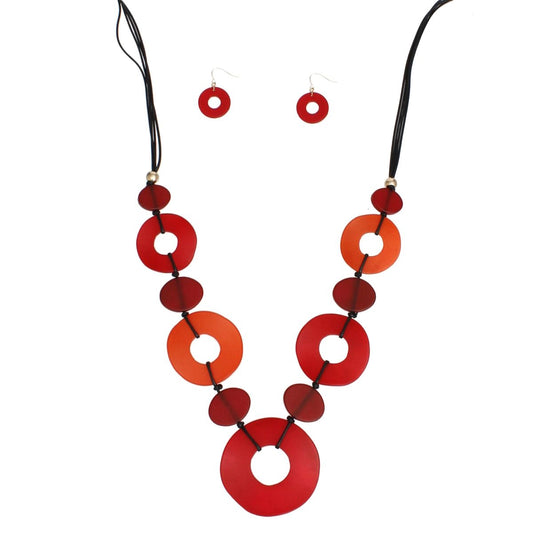 Long Linked Red Rings Black Cord Necklace Set