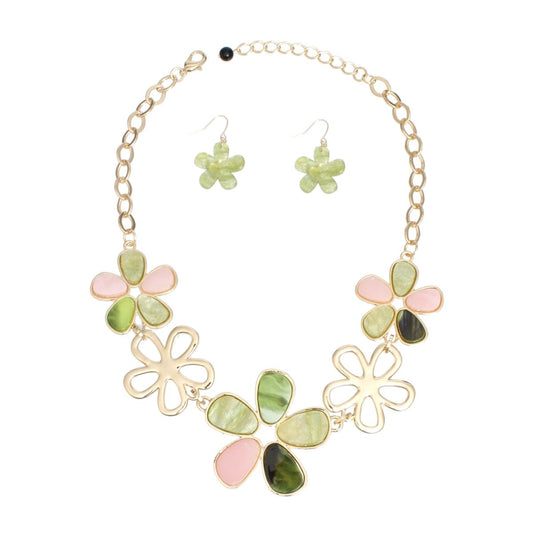 AKA Pink Green Inlay Flower Collar Necklace Set
