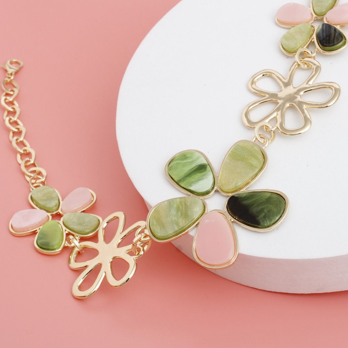 AKA Pink Green Inlay Flower Collar Necklace Set
