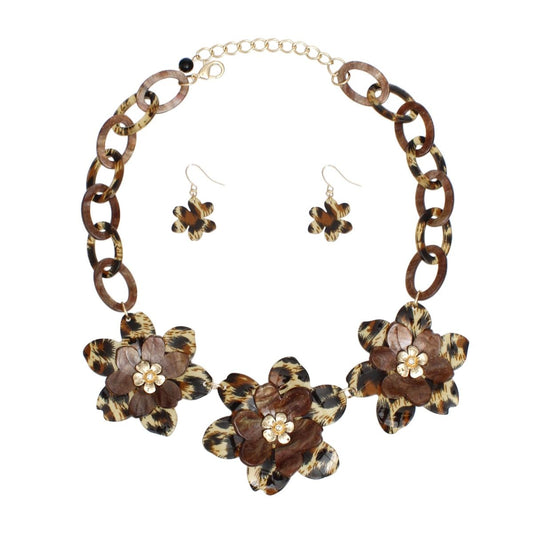 Collar Marbled Leopard Links 3D Flower Necklace
