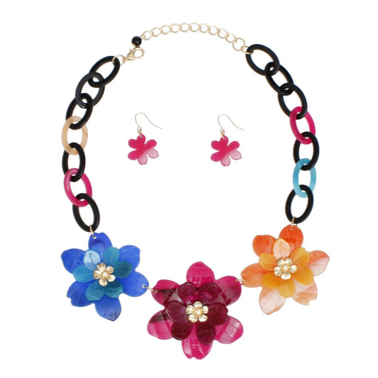 Collar Marbled Multicolor Links 3D Flower Necklace