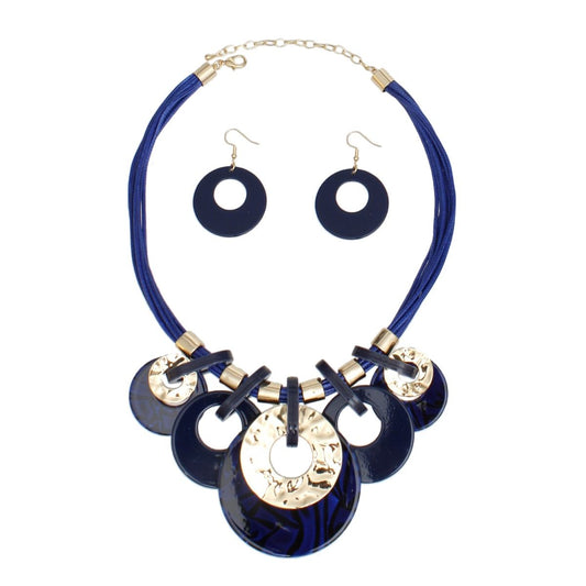 Collar Blue with Gold Cord and Disc Necklace Set