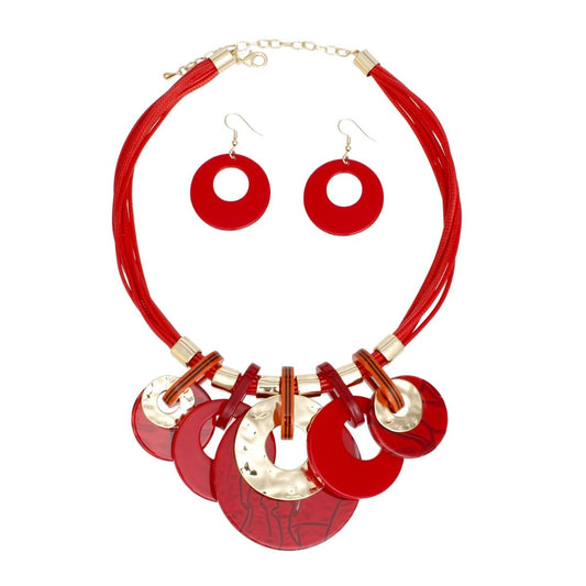 Collar Red with Gold Cord and Disc Necklace Set