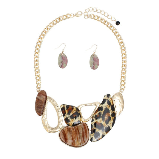 Bib Gold Chain Leopard and Brown Resin Necklace