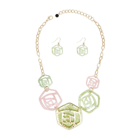 AKA Soror Collar Pink Green Roses Marbled Necklace
