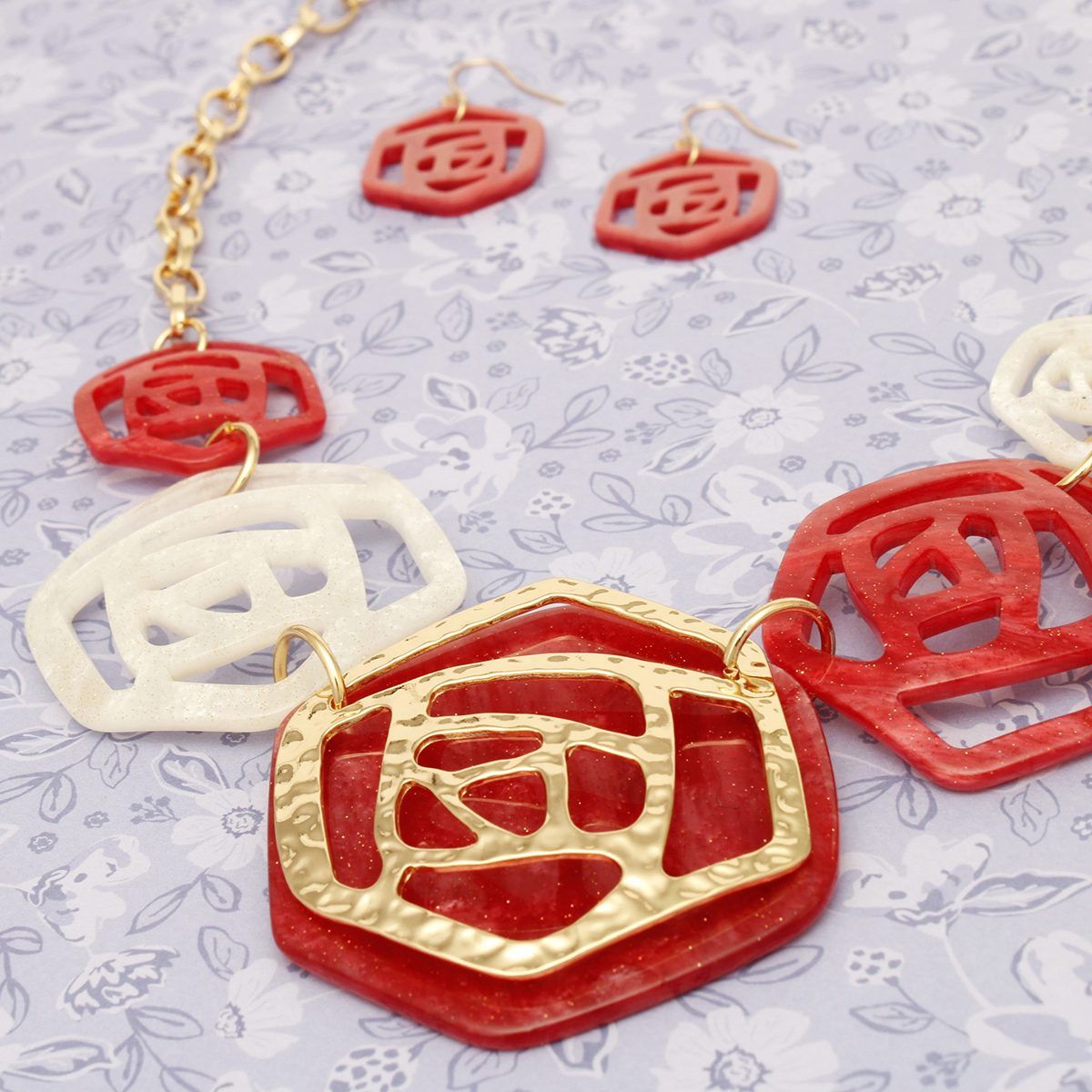 DST Soror Collar Red White Roses Marbled Necklace