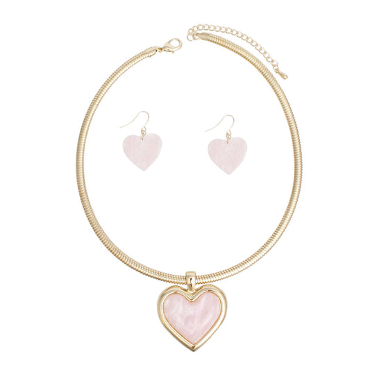 Pendant Gold Omega Chain Pink Heart Set for Women
