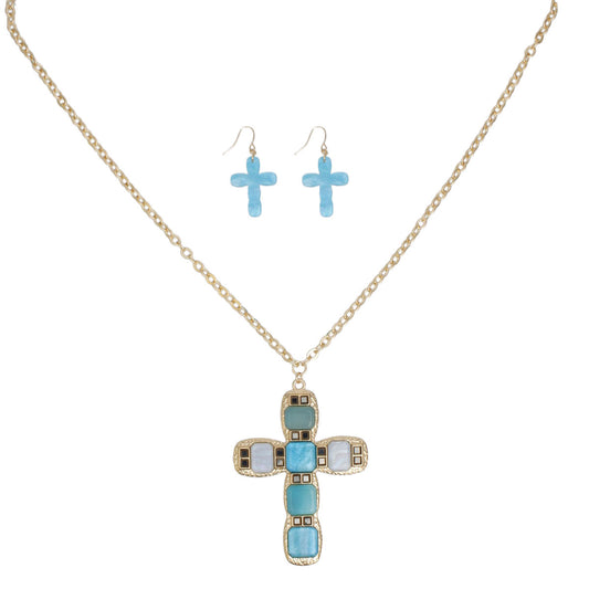 Pendant Blue Cross Long Gold Chain Necklace