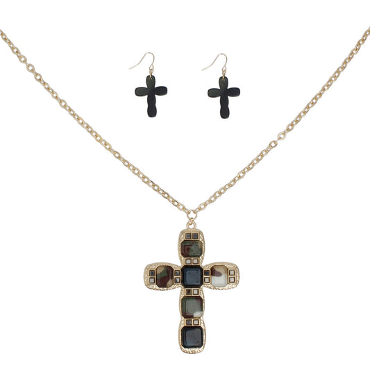 Pendant Camouflage Cross Long Gold Chain Necklace