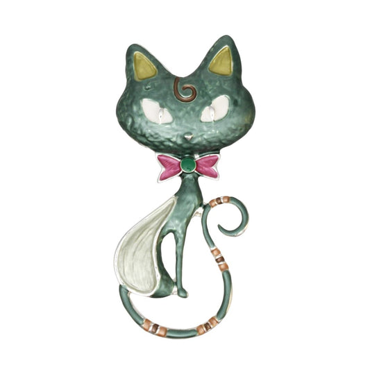 Magnetic Brooch Green Cat with Pink Bow Tie Pin