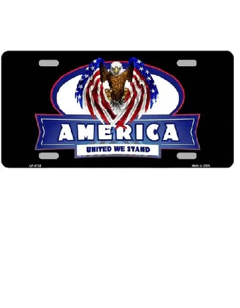 America United We Stand Metal Novelty License Plate License plate with American flag design and eagle on a black background
