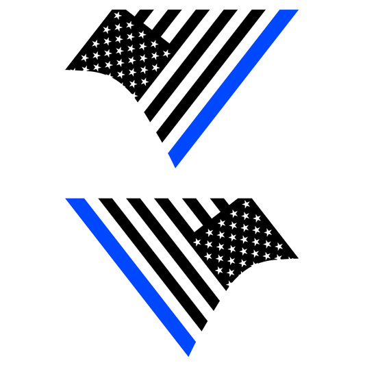 Two black and blue striped designs resembling American flags on a white background