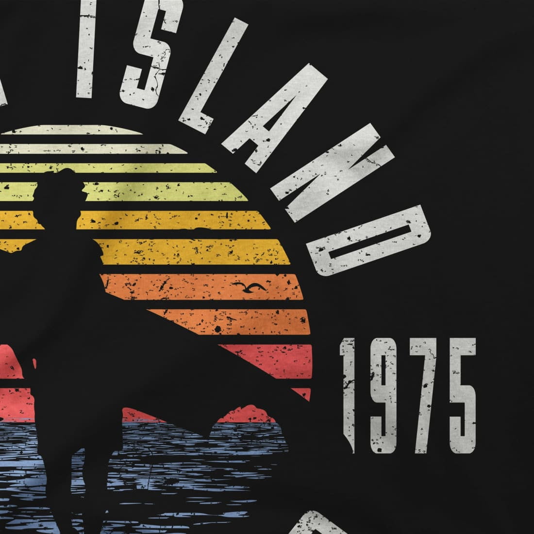 Vintage-style graphic with silhouette of a person on a horse, sunset design, and '1975' text on a black background.