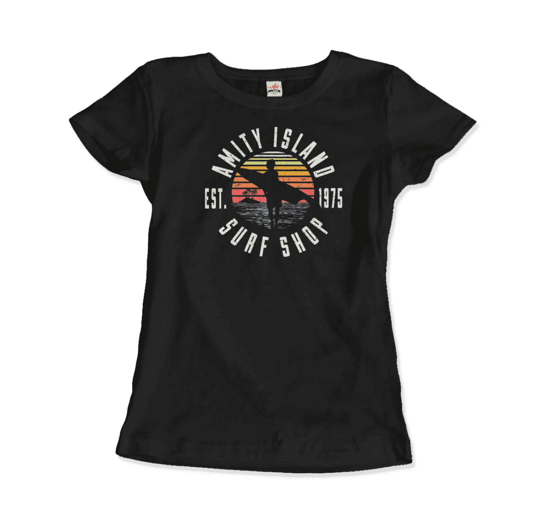 Black t-shirt with 'Amity Island Surf Shop' graphic on a transparent background