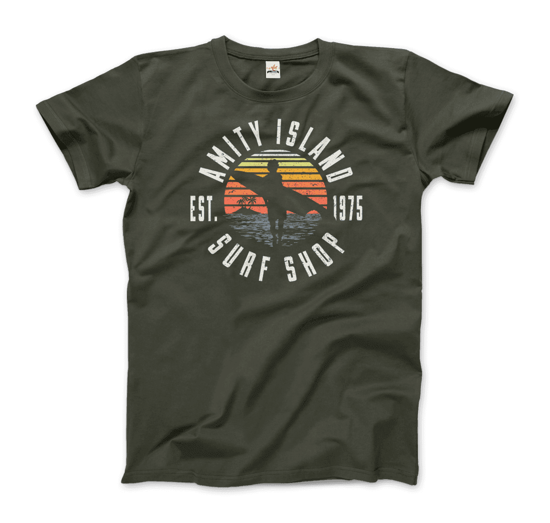 Black t-shirt with 'Amity Island Surf Shop' graphic design on a transparent background