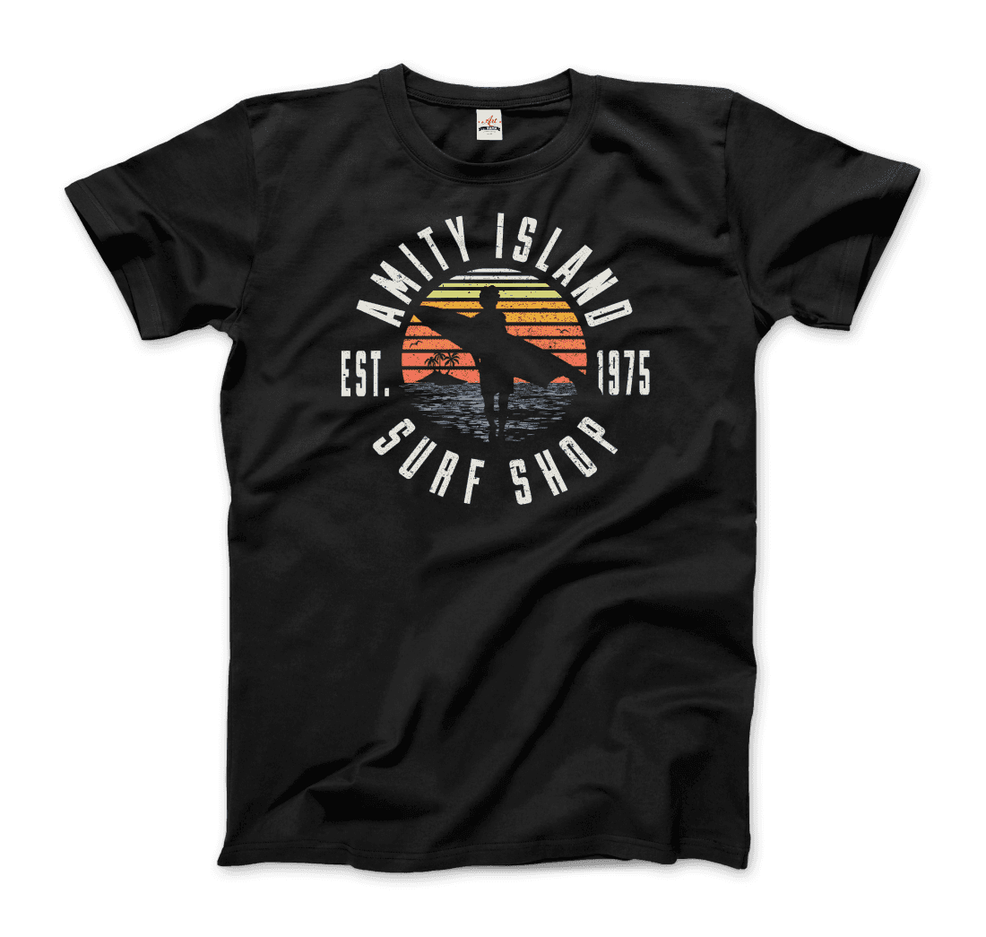 Black t-shirt with 'Amity Island Surf Shop' graphic design on a transparent background