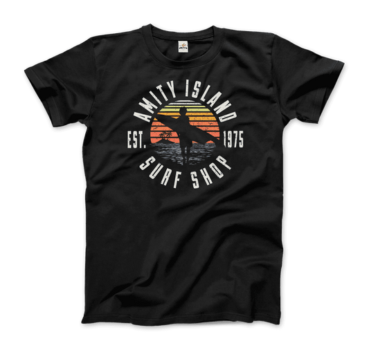 Black t-shirt with 'Amity Island Surf Shop' graphic design on a transparent background