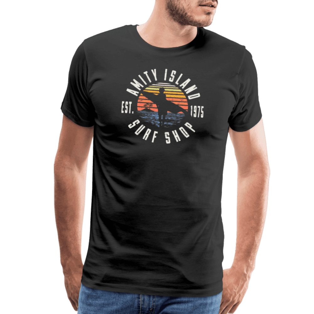 Black t-shirt with 'Amity Island Surf Shop' graphic on a transparent background