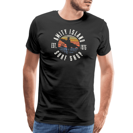 Black t-shirt with 'Amity Island Surf Shop' graphic on a transparent background