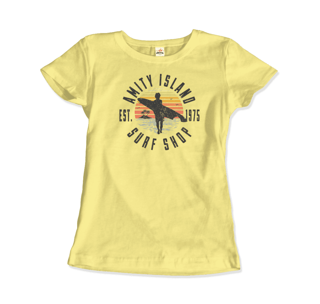 Yellow t-shirt with 'Amity Island Surf Shop' graphic design on a green background