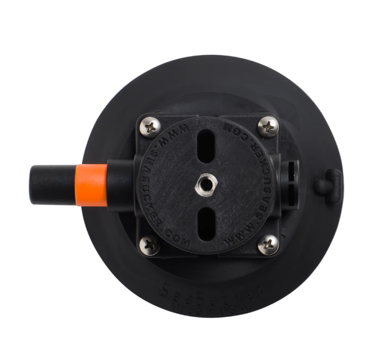 Black mechanical mount with visible branding on a white background