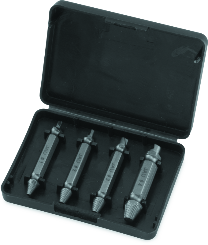 Set of five metal drill bits screw extractor in a black plastic case on a white background