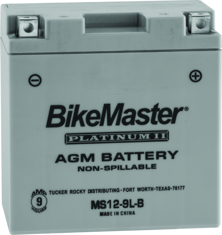 BikeMaster AGM battery with branding and specifications on a gray background