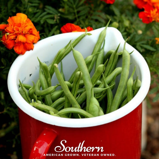 Red mug filled with green beans against a garden background with marigolds.