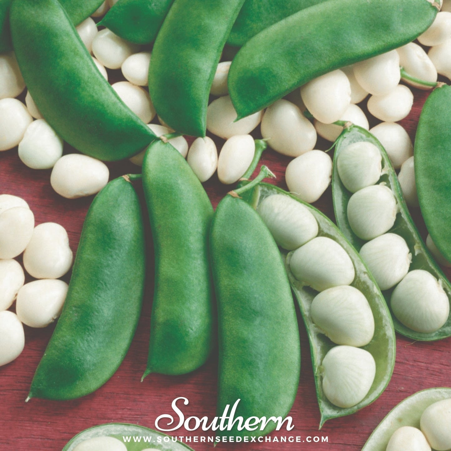 Green lima bean pods and white beans on a wooden surface with 'Southern' branding.