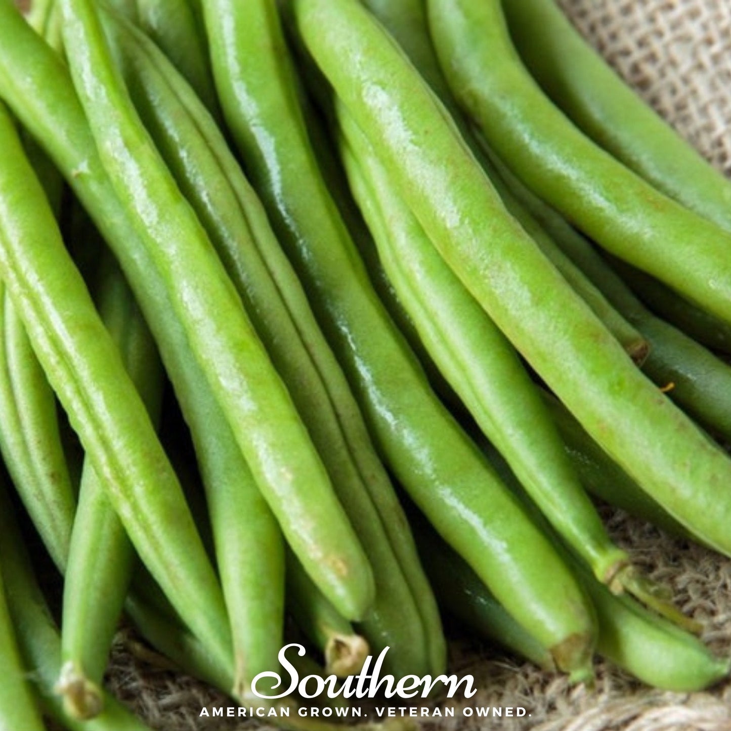 Close-up of green beans with 'Southern' brand text on a textured background