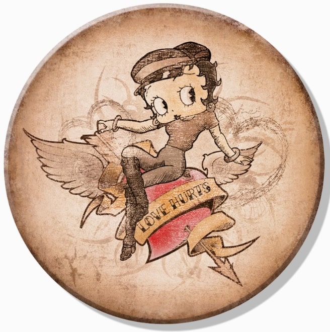 Round refrigerator magnet featuring an illustration of Betty Boop With The Text Love Hurts sitting on a car, with a background resembling old paper texture.
