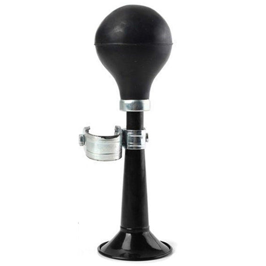 Black air horn with a metal clip on a white background
