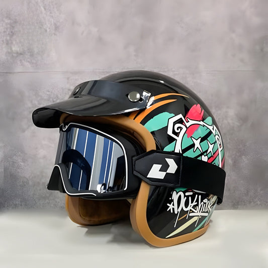 Motorcycle helmet with colorful design and visor on a gray background