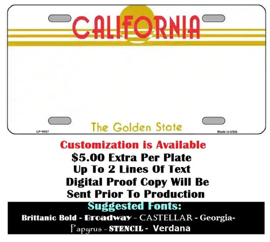 Custom Instructions Blank California Golden State License Plate