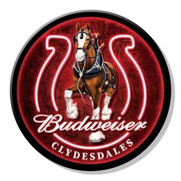 Budweiser Clydesdales logo with a horse on a red background