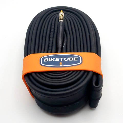 Black bicycle inner tube with orange band and 'BIKETUBE' label on a white background