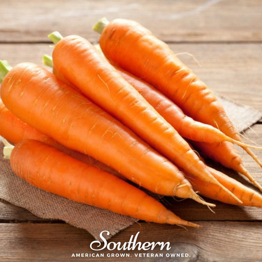 Bunch of carrots on a wooden surface with 'Southern' branding.
