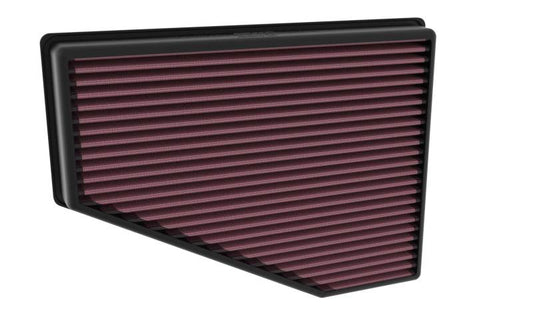 Rectangular air filter with a black frame and purple pleated material on a white background