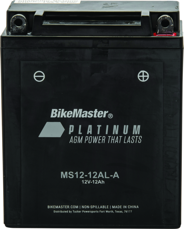 BikeMaster Platinum battery with visible branding and specifications.