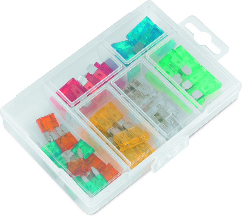 Set of colorful fuses in a clear plastic case on a white background