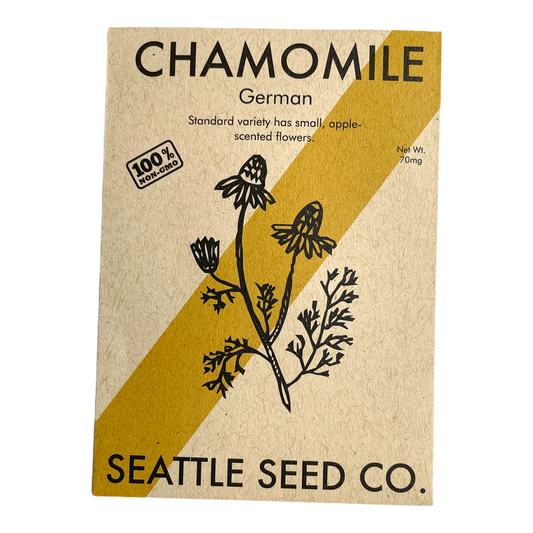 Chamomile seed packet from Seattle Seed Co. with botanical illustration and text.